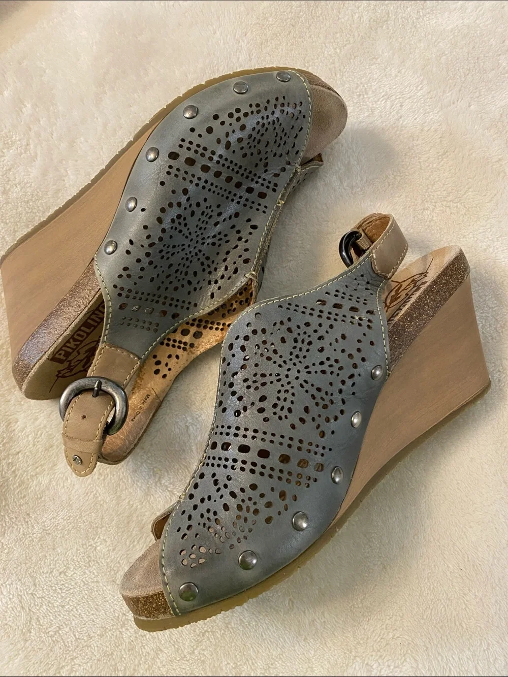 Pikolinos Benissa Gray Leather Perforated Wedge Sandals Size 40